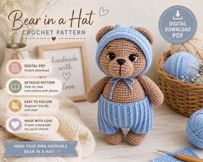 Crochet Bear in Hat Pattern (Digital Download)