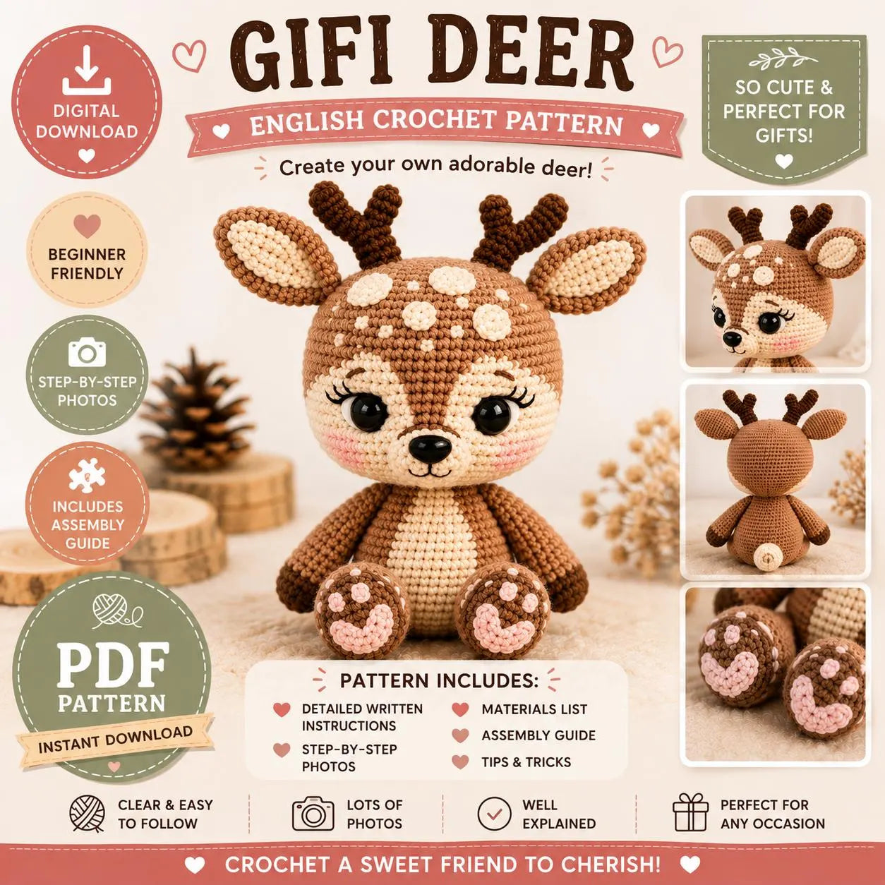 Gifi Deer Crochet Pattern | Kawaii Woodland Amigurumi Toy (Digital Download)