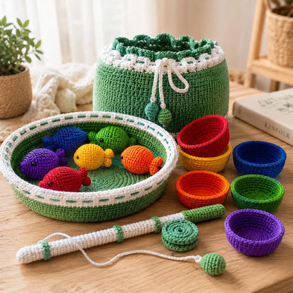 Crochet Fishing Set Pattern PDF, Baby Fishing Toy Crochet Pattern, Montessori, Rainbow Fish Play Set, Stacking Bowls, Interactive Baby Toy.