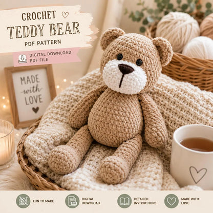 Crochet Teddy Bear Pattern, Amigurumi Plush Toy Tutorial (Digital Download)