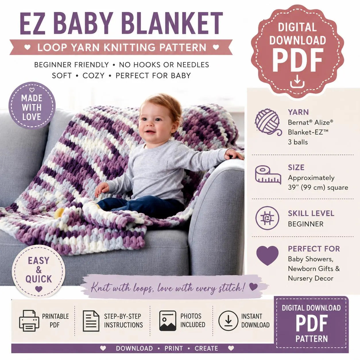 EZ Baby Blanket Knitting Pattern (Digital Download)