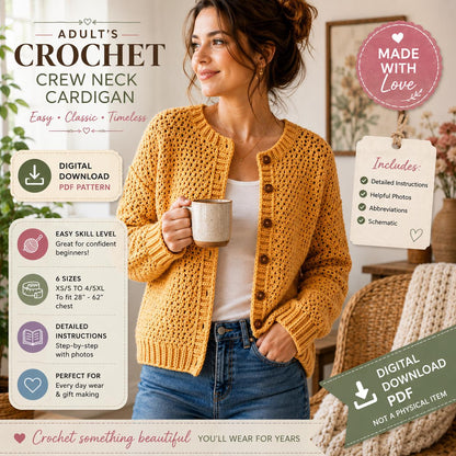 Adult Crochet Crew Neck Cardigan Pattern, Sizes XS to 5XL (Digital Download)