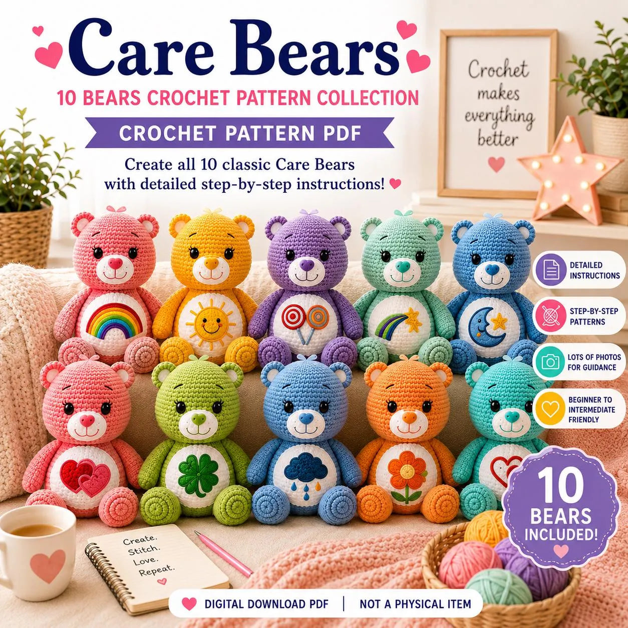 Care Bears Crochet Pattern Bundle PDF | 10 Plush Bear Amigurumi Patterns | Cute Stuffed Toy Collection | Digital Download