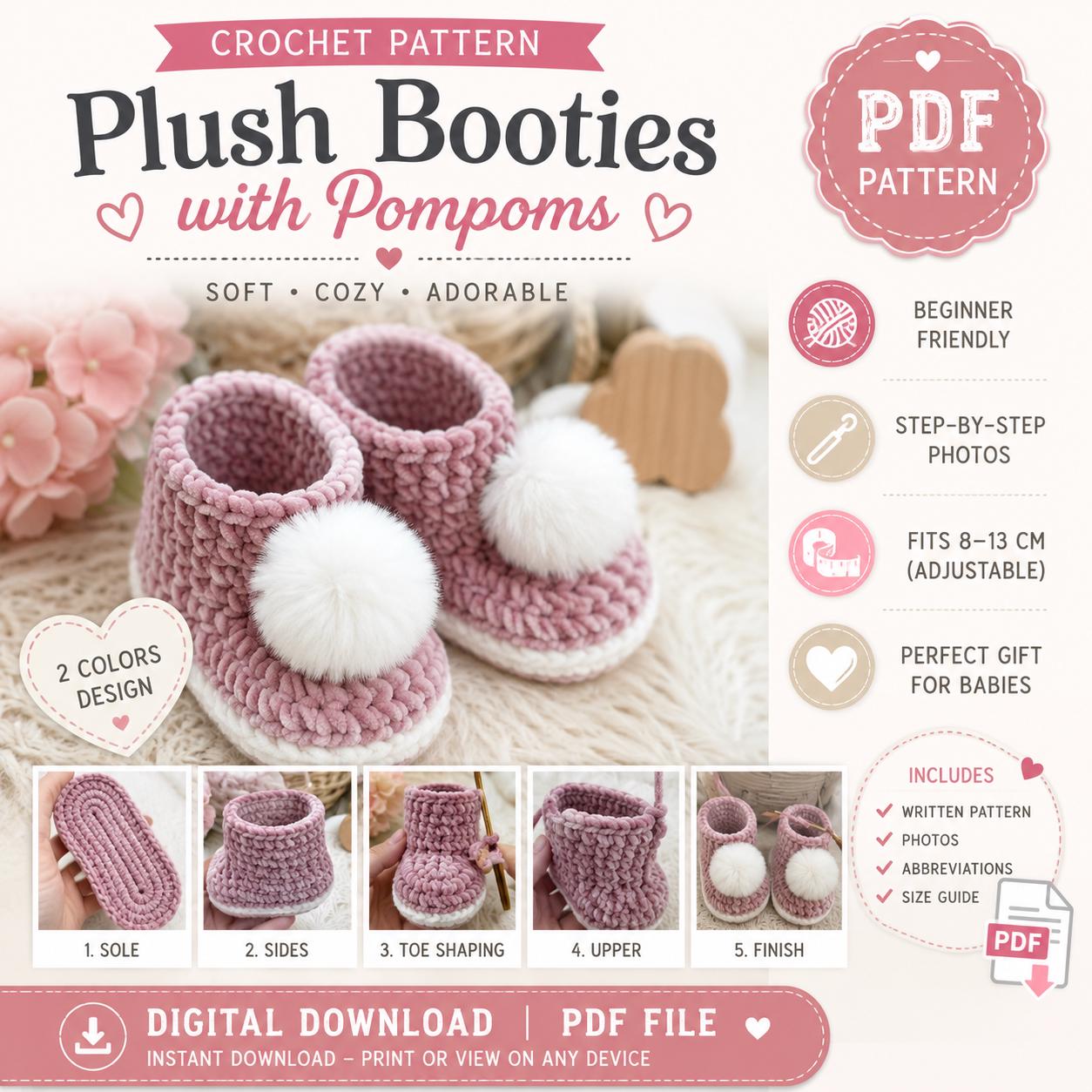 Plush Baby Booties Crochet Pattern (Digital Download)
