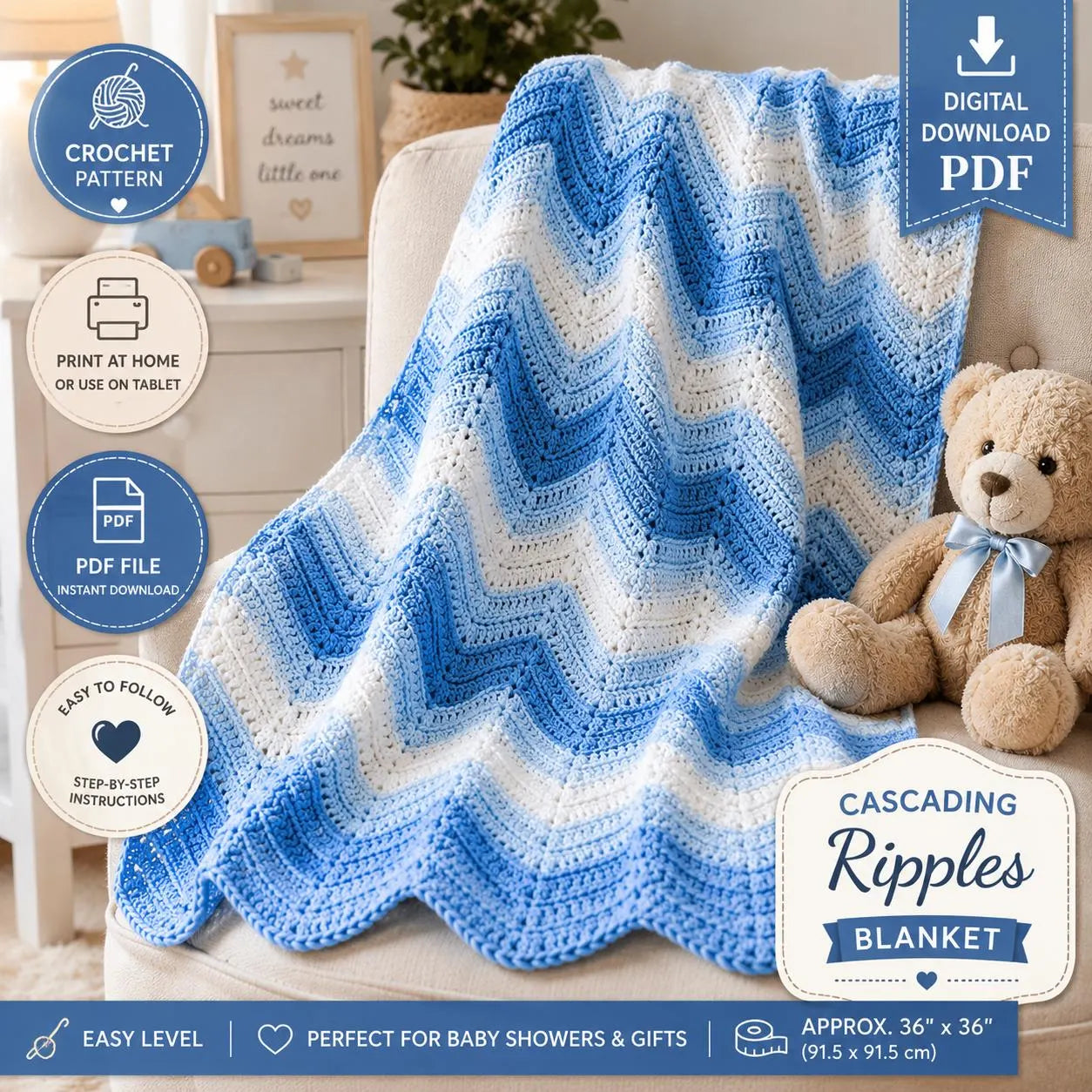 Cascading Ripples Baby Blanket Crochet Pattern PDF | Easy Ripple Blanket | Baby Afghan Pattern | Digital Download | DIY Crochet Blanket