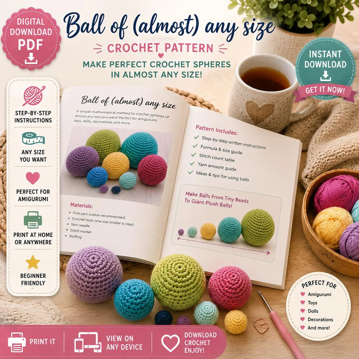Ball of Almost Any Size Crochet Pattern PDF, Amigurumi Ball Pattern, Crochet Sphere Tutorial, Custom Size Ball Pattern.