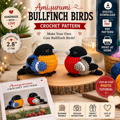 Bullfinch Birds Crochet Pattern PDF, Amigurumi Bird Pattern, Christmas Bird Ornament, Mini Bird Plush, Digital Download.