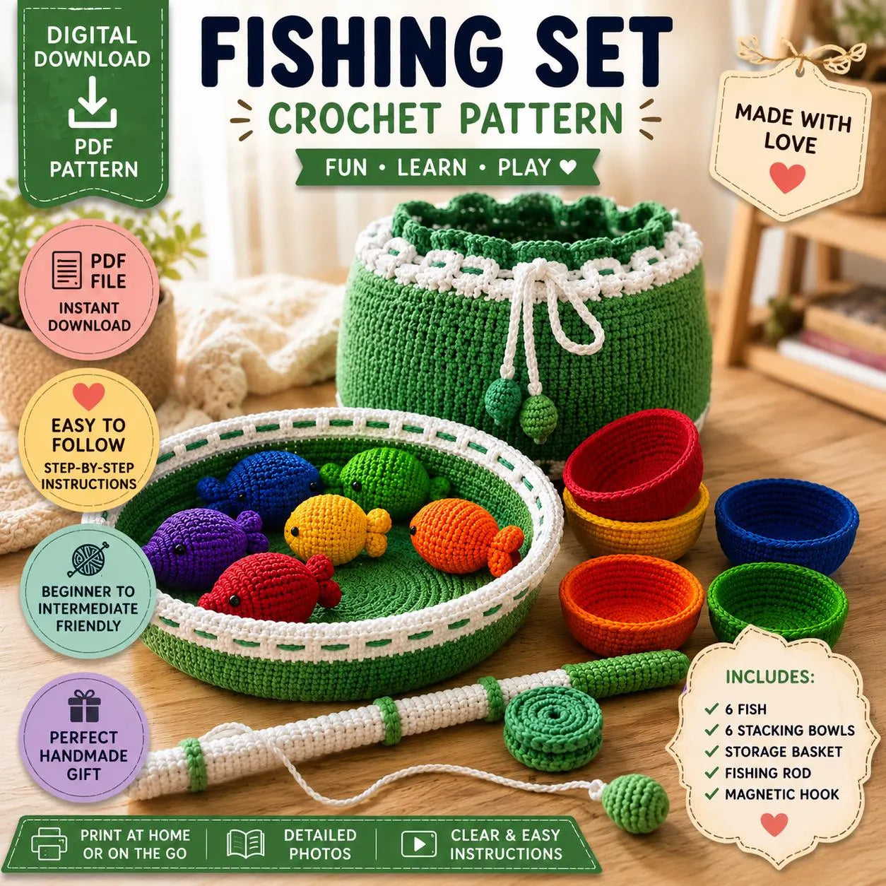 Crochet Fishing Set Pattern PDF, Baby Fishing Toy Crochet Pattern, Montessori, Rainbow Fish Play Set, Stacking Bowls, Interactive Baby Toy.