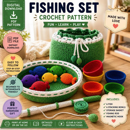 Crochet Fishing Set Pattern PDF, Baby Fishing Toy Crochet Pattern, Montessori, Rainbow Fish Play Set, Stacking Bowls, Interactive Baby Toy.