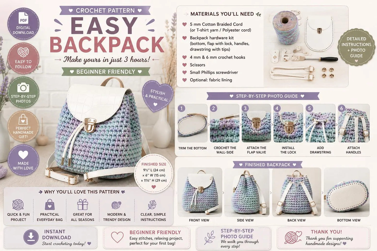 Easy Crochet Backpack Pattern, Chunky Tote Bag, (Digital Download)