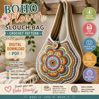 Boho Flower Slouch Bag Crochet Pattern (Digital Download)