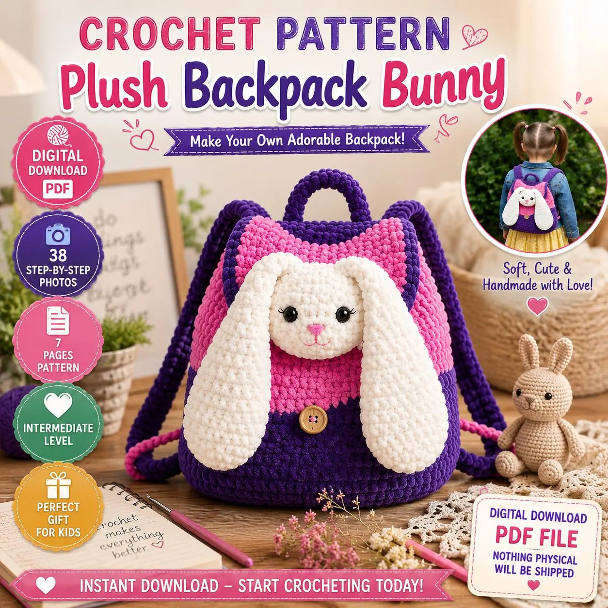 Plush Bunny Backpack Crochet Pattern (Digital Download)