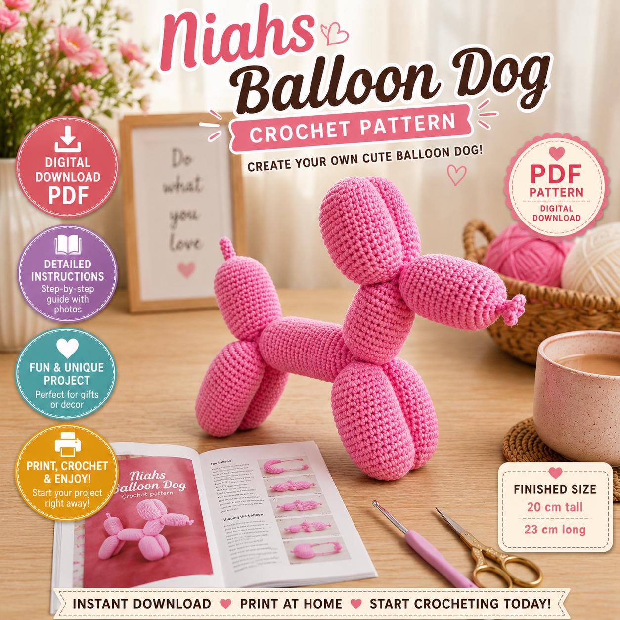 Balloon Dog Crochet Pattern PDF, Amigurumi Balloon Animal, Plush Dog Crochet Pattern, Instant Digital Download, DIY Stuffed Toy.