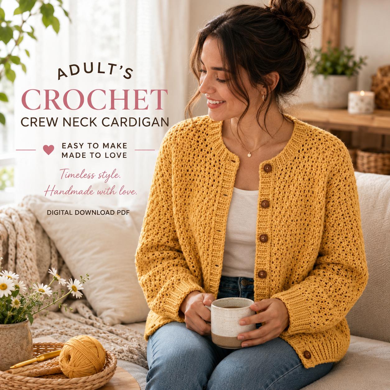 Adult Crochet Crew Neck Cardigan Pattern, Sizes XS to 5XL (Digital Download)