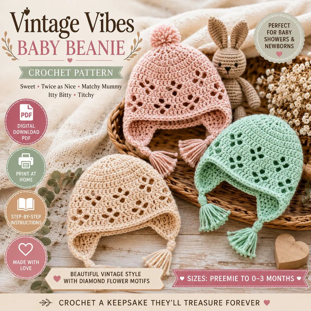 Vintage Vibes Baby Beanie Crochet Pattern PDF, Baby Hat Crochet Pattern, Newborn Beanie Preemie Hat Pattern, Earflap Beanie Instant Download