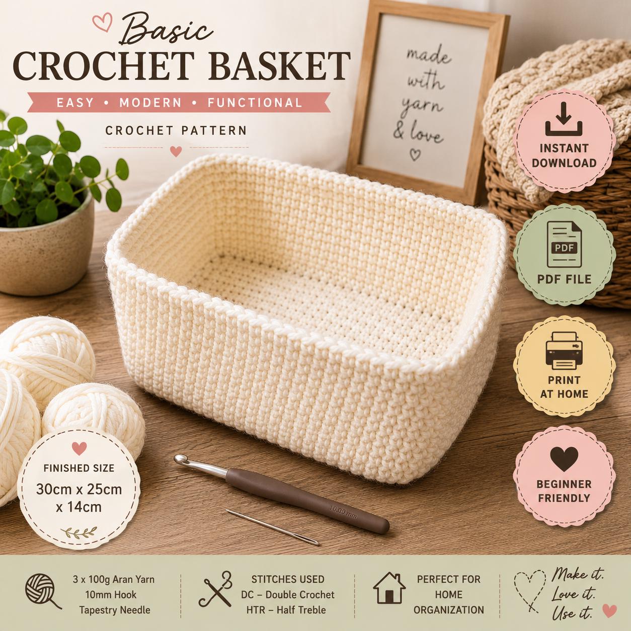 Basic Crochet Basket Pattern PDF, Rectangular Storage Basket Crochet Pattern, Beginner Basket Tutorial, Home Organizer Basket.