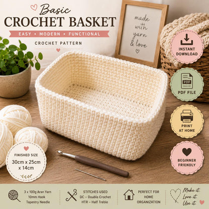 Basic Crochet Basket Pattern PDF, Rectangular Storage Basket Crochet Pattern, Beginner Basket Tutorial, Home Organizer Basket.