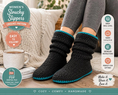 Women's Slouchy Slippers Crochet Pattern (Digital Download)