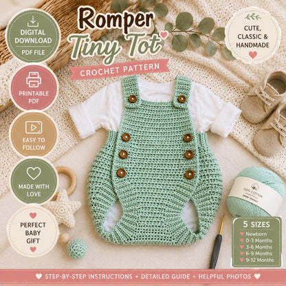 Tiny Tot Baby Romper Crochet Pattern (Digital Download) Outfit Sizes Newborn to 12 Month