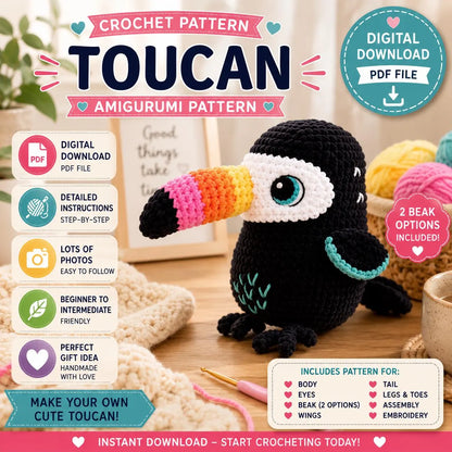 Crochet Toucan Amigurumi Pattern PDF, Plush Bird Crochet Pattern, Rainbow Beak Stuffed Animal, Cute Tropical Bird Toy, Digital Download