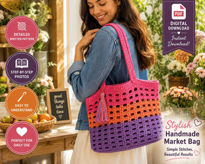 Crochet Market Bag Pattern, Beginner Tote Tutorial (Digital Download)