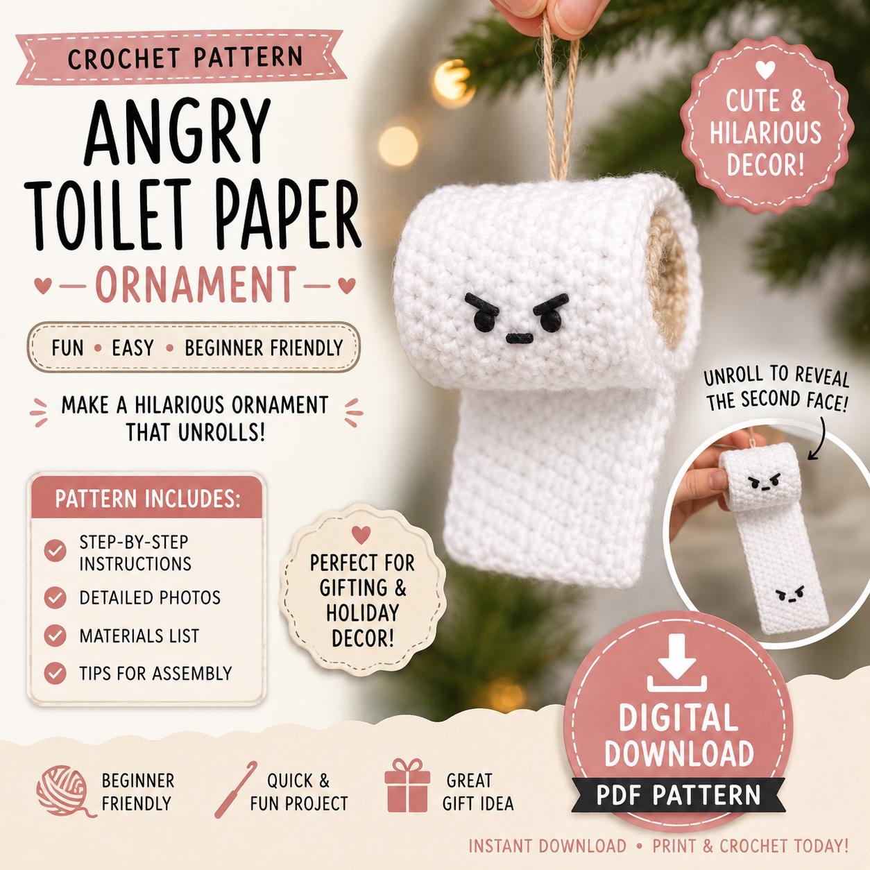 Angry Toilet Paper Ornament Crochet Pattern (Digital Download)