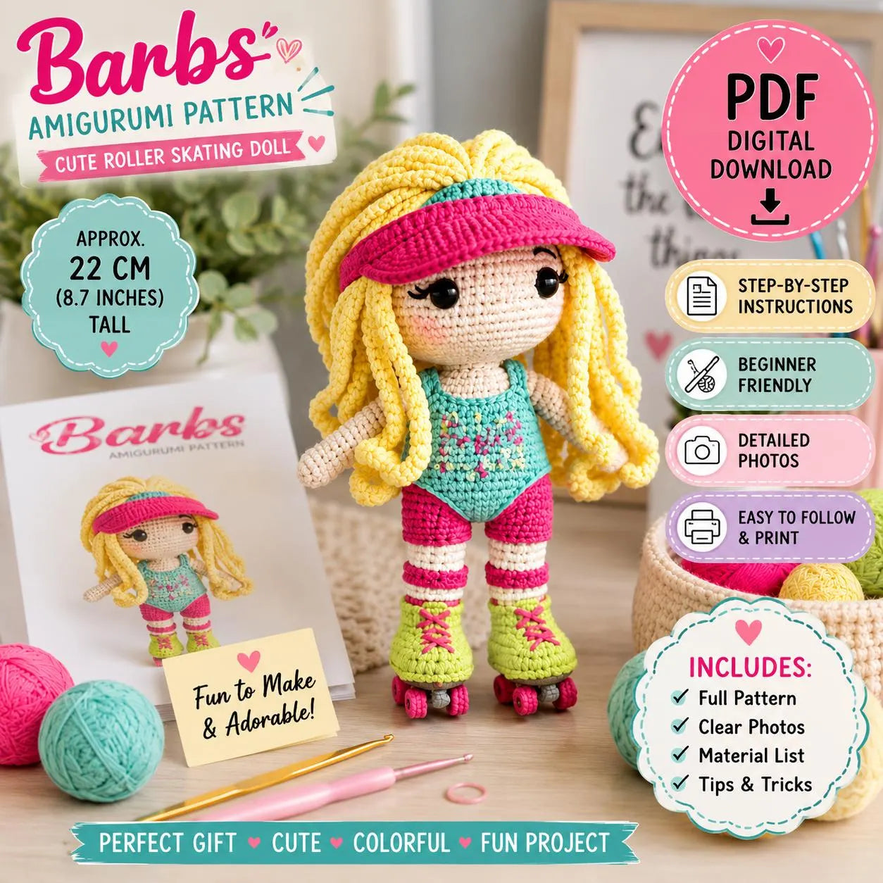Roller Skating Doll Crochet Pattern PDF, Cute Fashion Doll Amigurumi, Digital Download, Crochet Doll Tutorial, DIY Handmade Gift Pattern