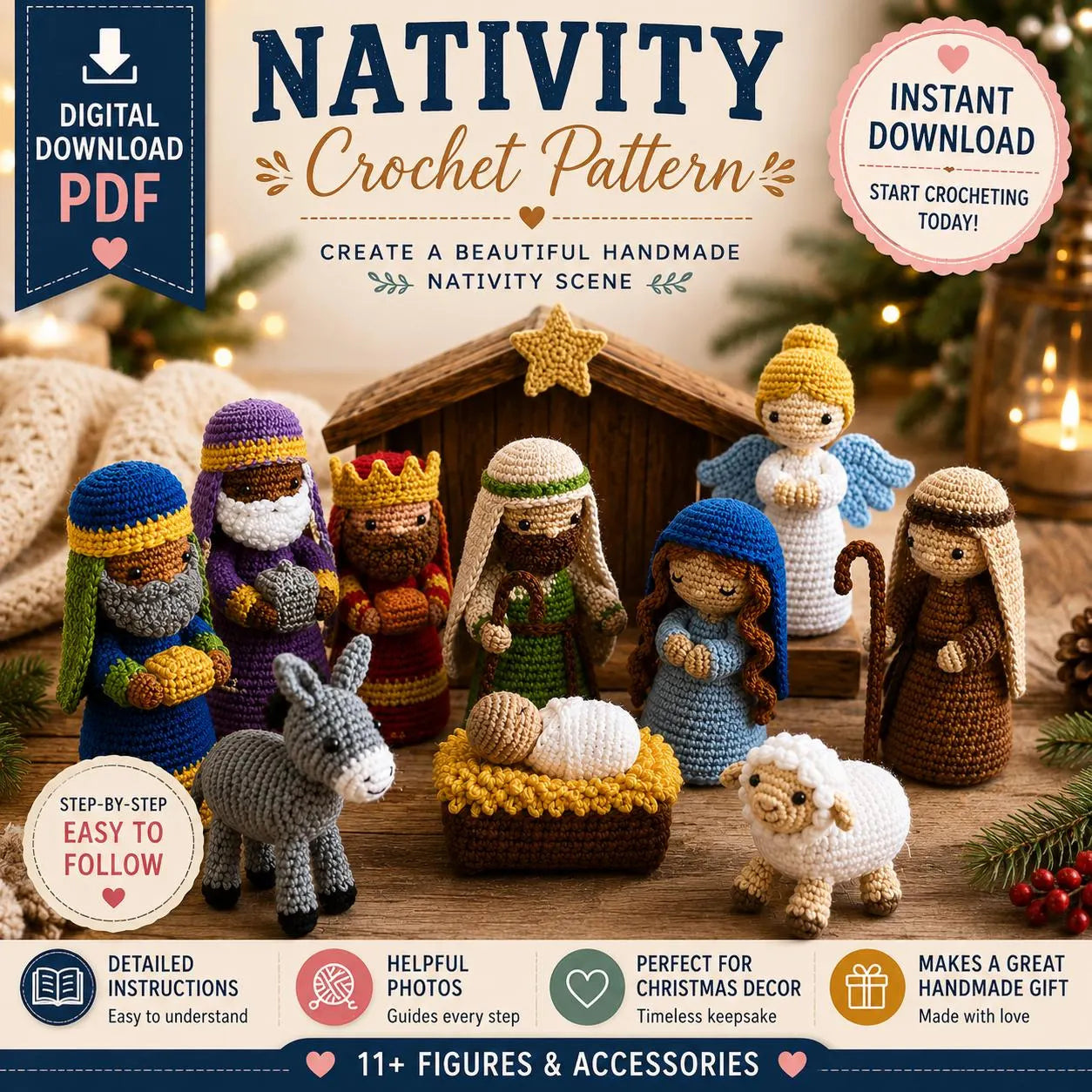 Crochet Nativity Scene Pattern Bundle PDF  Amigurumi Christmas Set Mary Joseph Baby Jesus Wise Men Angel Shepherd Animals | Digital Download