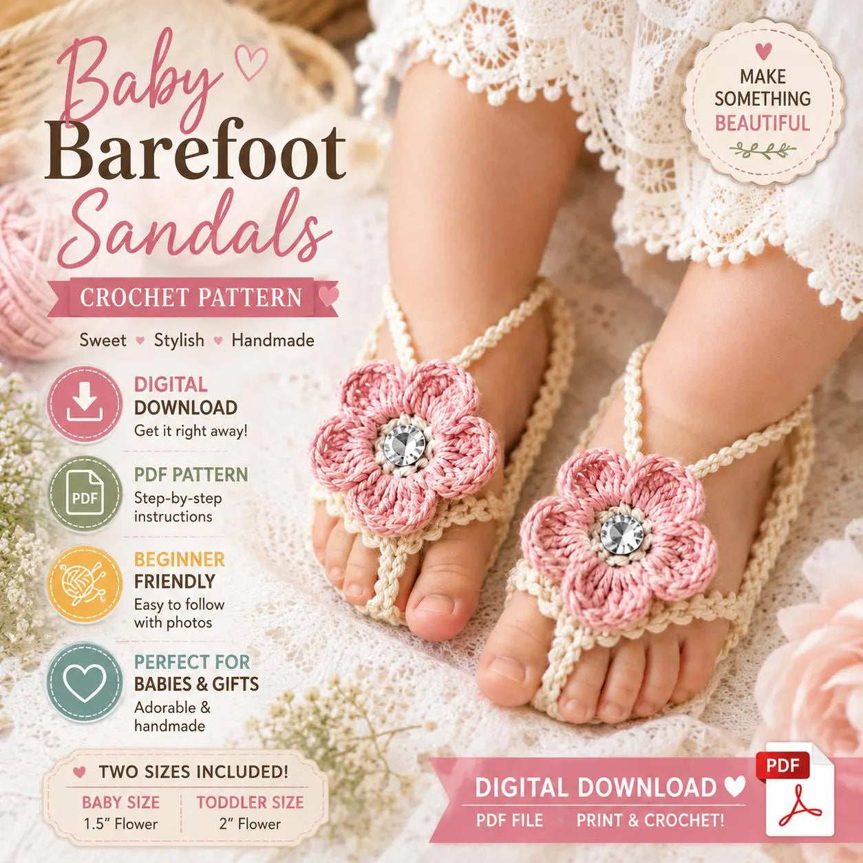 Baby Barefoot Sandals Crochet Pattern PDF, Baby Flower Sandals, Infant Barefoot Sandals, Toddler Sandals Crochet Pattern, Instant Download