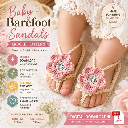 Baby Barefoot Sandals Crochet Pattern PDF, Baby Flower Sandals, Infant Barefoot Sandals, Toddler Sandals Crochet Pattern, Instant Download