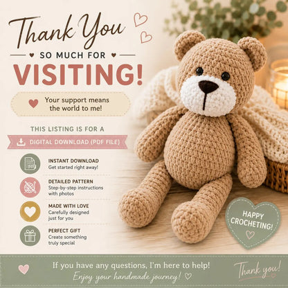 Crochet Teddy Bear Pattern, Amigurumi Plush Toy Tutorial (Digital Download)