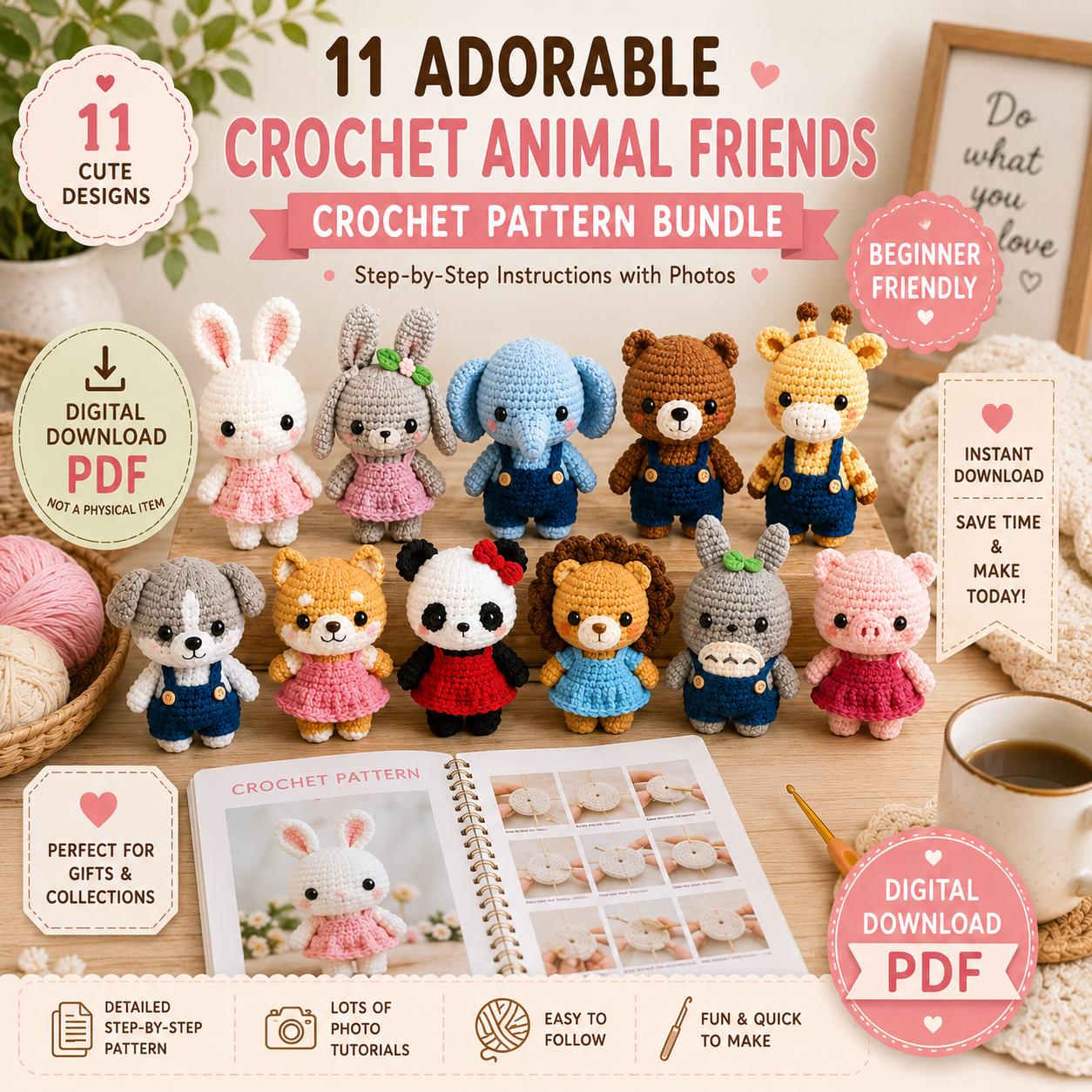 11 Animal Dolls Crochet Pattern Bundle PDF, Amigurumi Animal Collection, Rabbit Elephant Bear Giraffe Dog Panda Lion Pig, Cute Crochet Toys