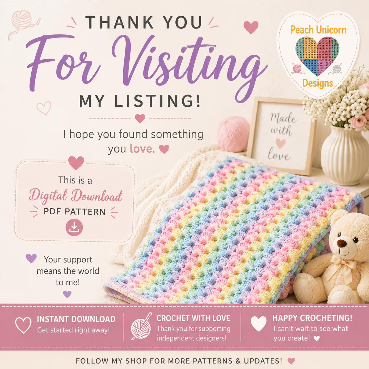 Pastel Shells Baby Blanket Crochet Pattern PDF, Easy Baby Blanket Pattern, Shell Stitch Blanket, Digital Download, Beginner Crochet Pattern