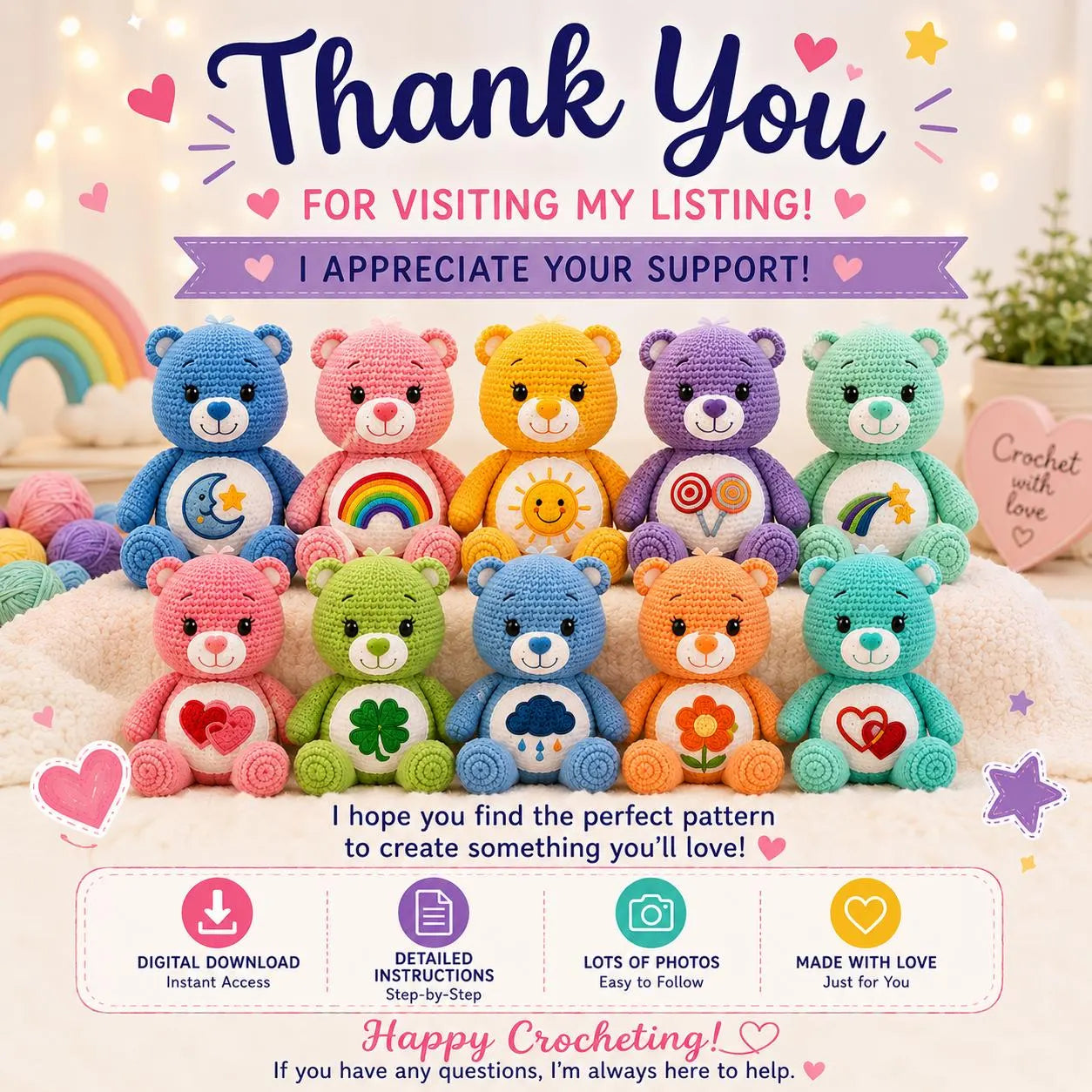 Care Bears Crochet Pattern Bundle PDF | 10 Plush Bear Amigurumi Patterns | Cute Stuffed Toy Collection | Digital Download