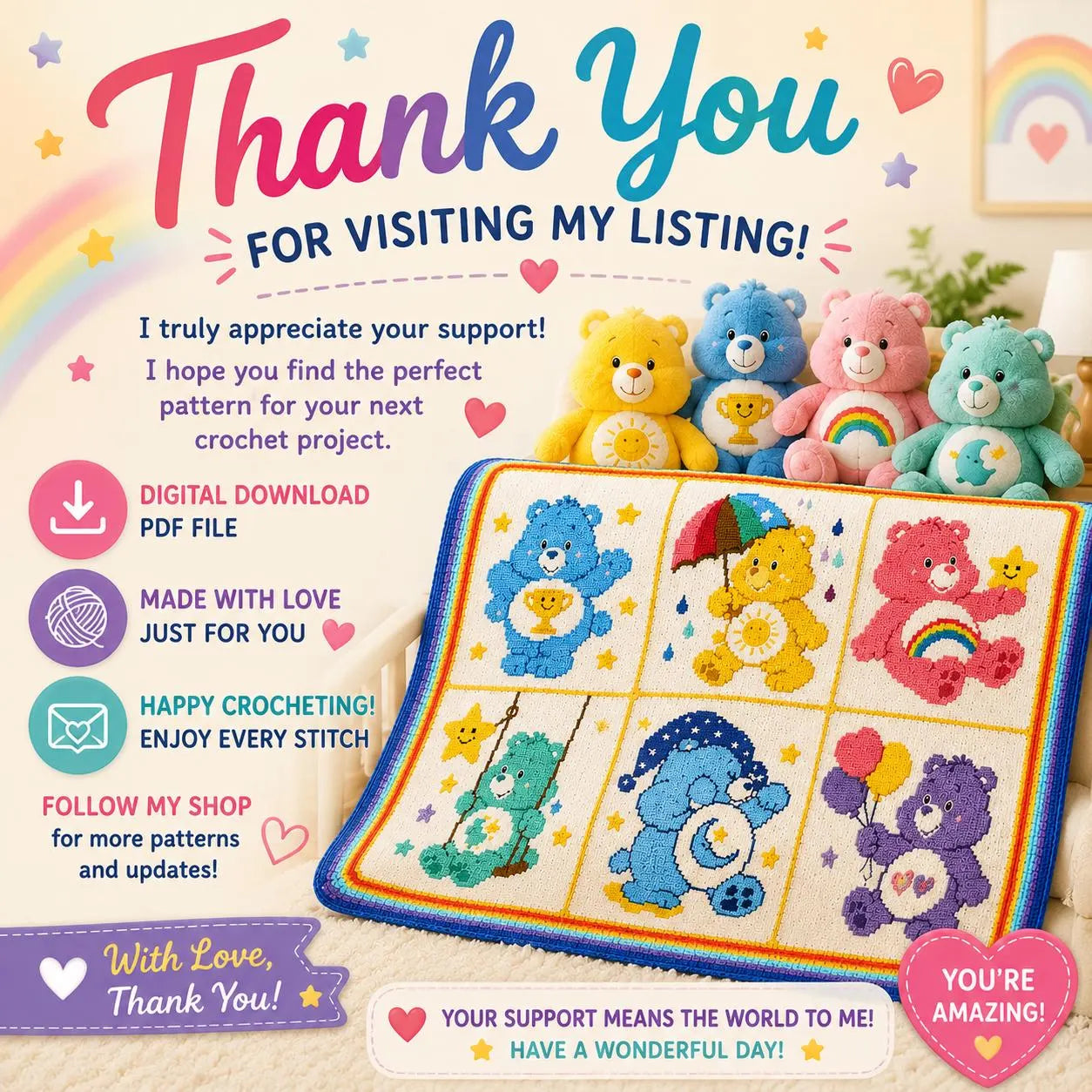 Care Bears Crochet Afghan Patterns  Bundle – 6 Classic Character Blankets(Digital Download)