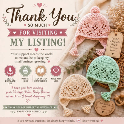 Vintage Vibes Baby Beanie Crochet Pattern PDF, Baby Hat Crochet Pattern, Newborn Beanie Preemie Hat Pattern, Earflap Beanie Instant Download