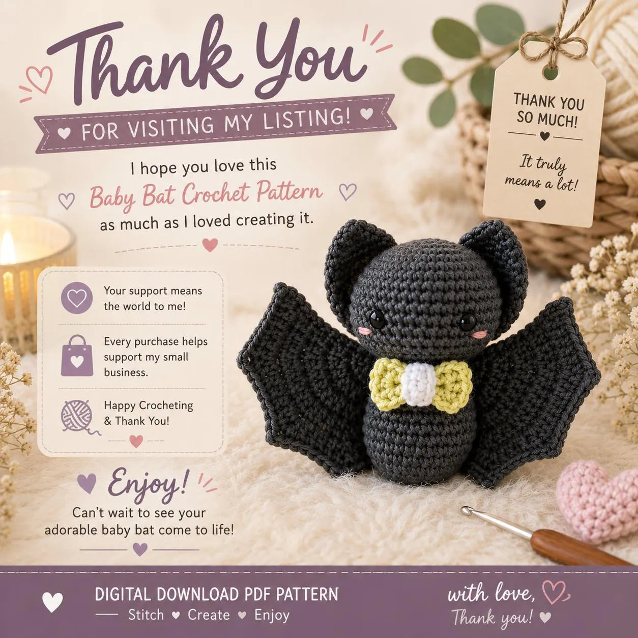 Baby Bat Crochet Pattern PDF, Cute Amigurumi Bat, Halloween Crochet Toy, Digital Download, Kawaii Bat Plush, DIY Crochet Gift