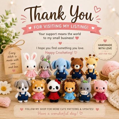 11 Animal Dolls Crochet Pattern Bundle PDF, Amigurumi Animal Collection, Rabbit Elephant Bear Giraffe Dog Panda Lion Pig, Cute Crochet Toys