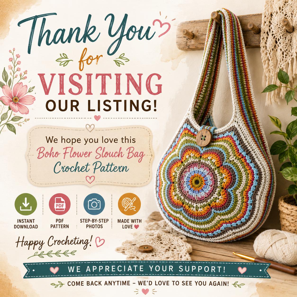 Boho Flower Slouch Bag Crochet Pattern (Digital Download)