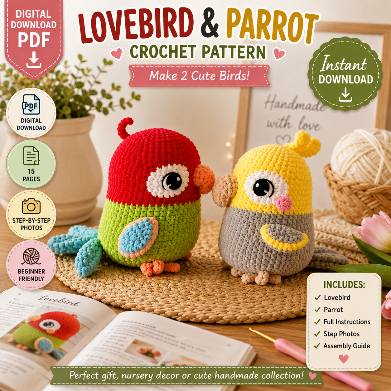 Lovebird & Parrot Crochet Pattern (Digital Download)