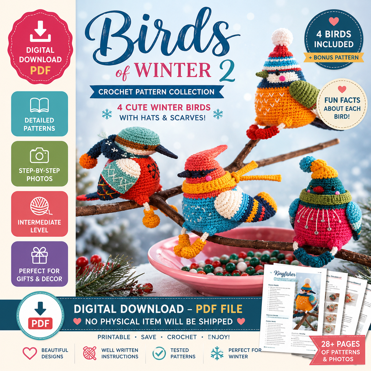 Birds of Winter 2 Crochet Pattern PDF | 4 Winter Bird Amigurumi Patterns (Digital Download)