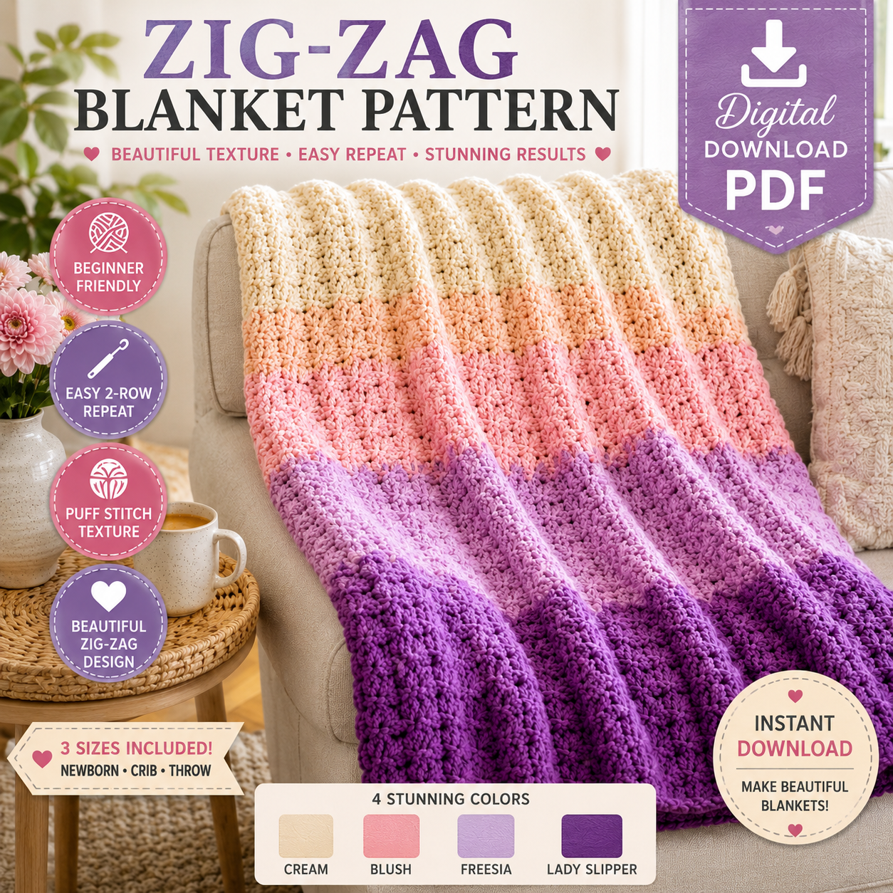 Zig-Zag Blanket Crochet Pattern (Instant Digital Download)