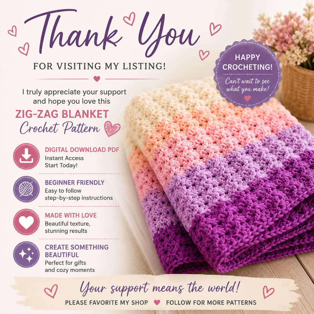 Zig-Zag Blanket Crochet Pattern (Instant Digital Download)