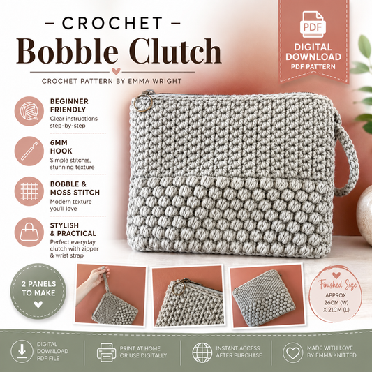 Bobble Clutch Crochet Pattern | Textured Clutch Bag Tutorial, (Digital Download)