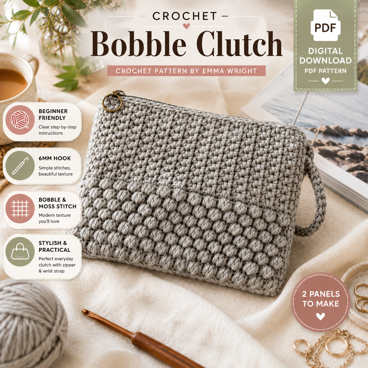 Bobble Clutch Crochet Pattern | Textured Clutch Bag Tutorial, (Digital Download)