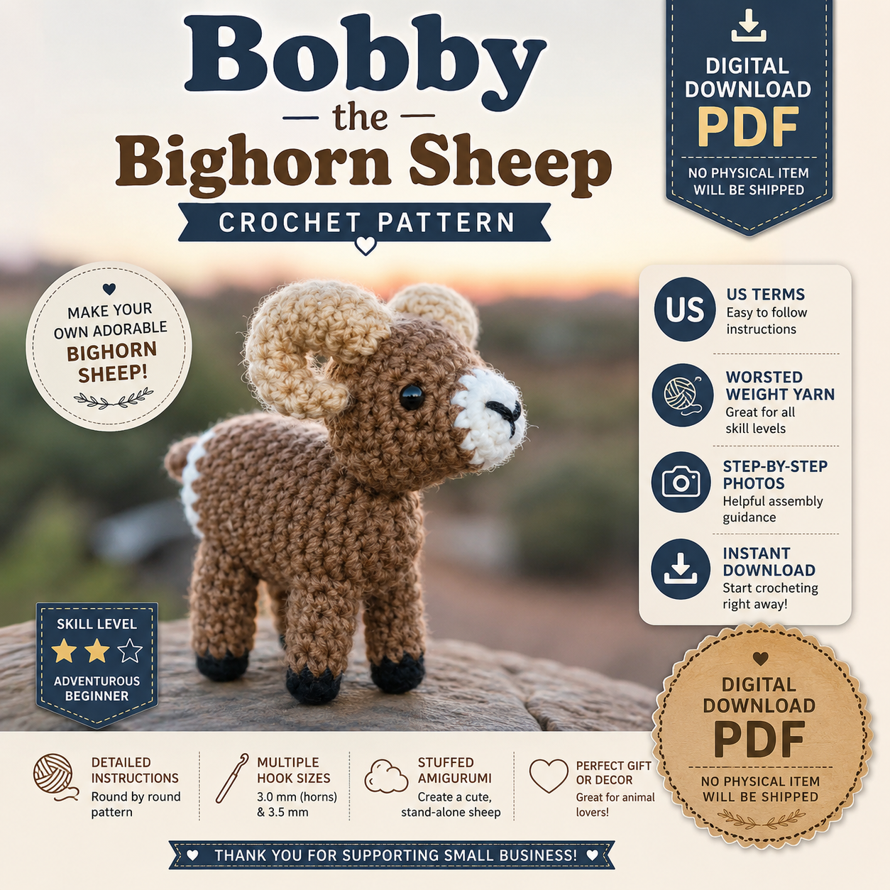 Bobby the Bighorn Sheep Crochet Pattern (Digital Download)