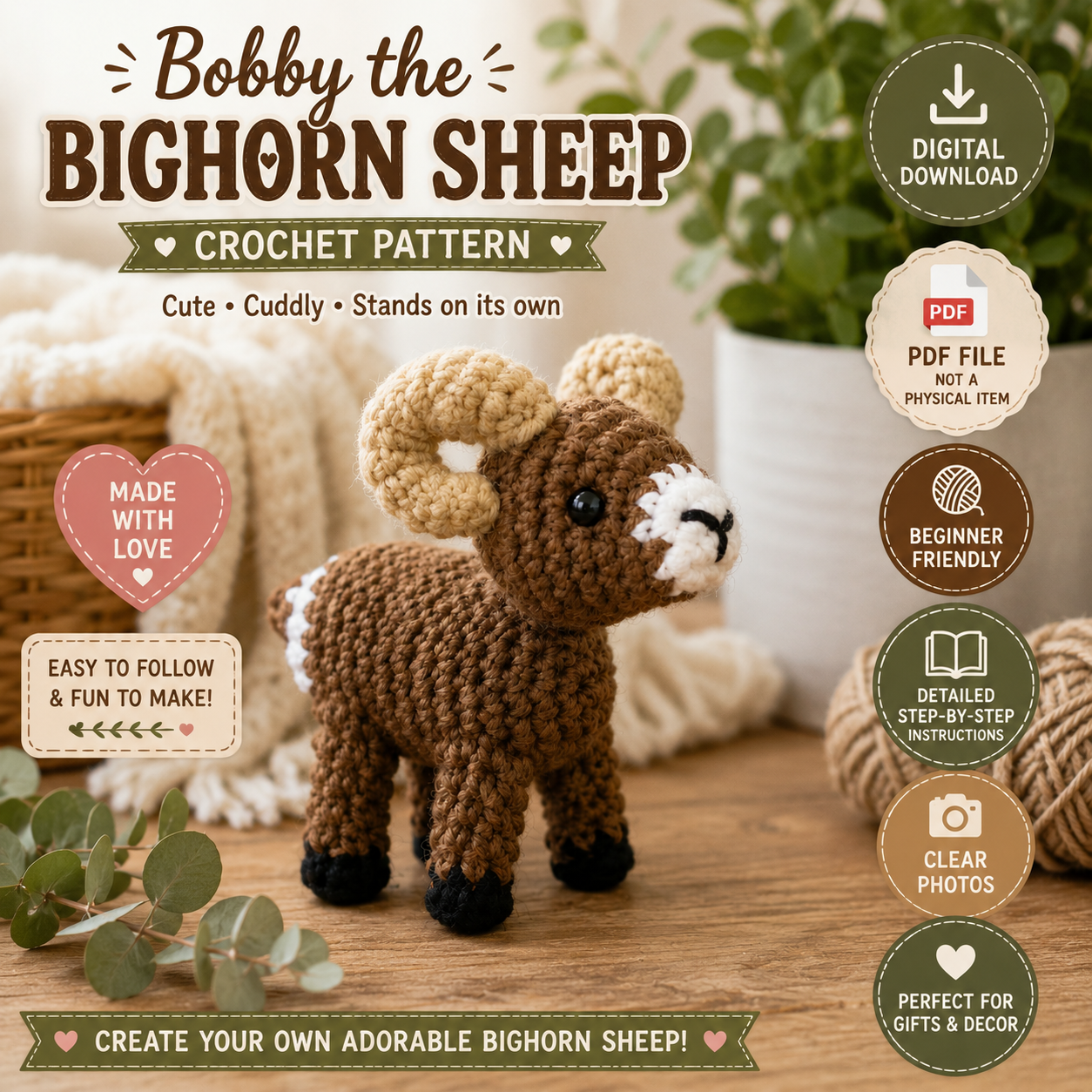 Bobby the Bighorn Sheep Crochet Pattern (Digital Download)