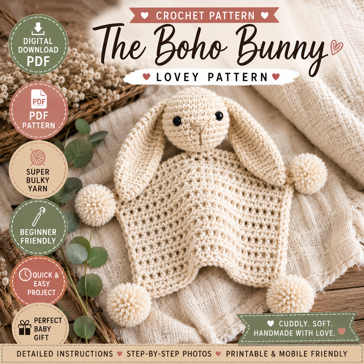 Boho Bunny Lovey Crochet Pattern (Digital Download)