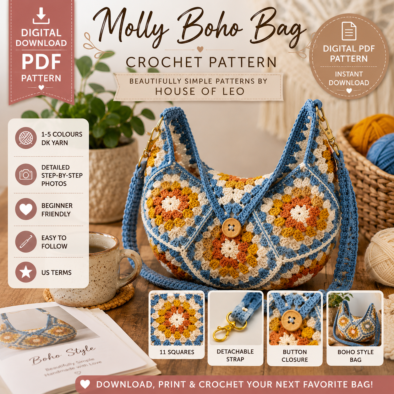 Molly Boho Bag Crochet Pattern (Instant Digital Download)