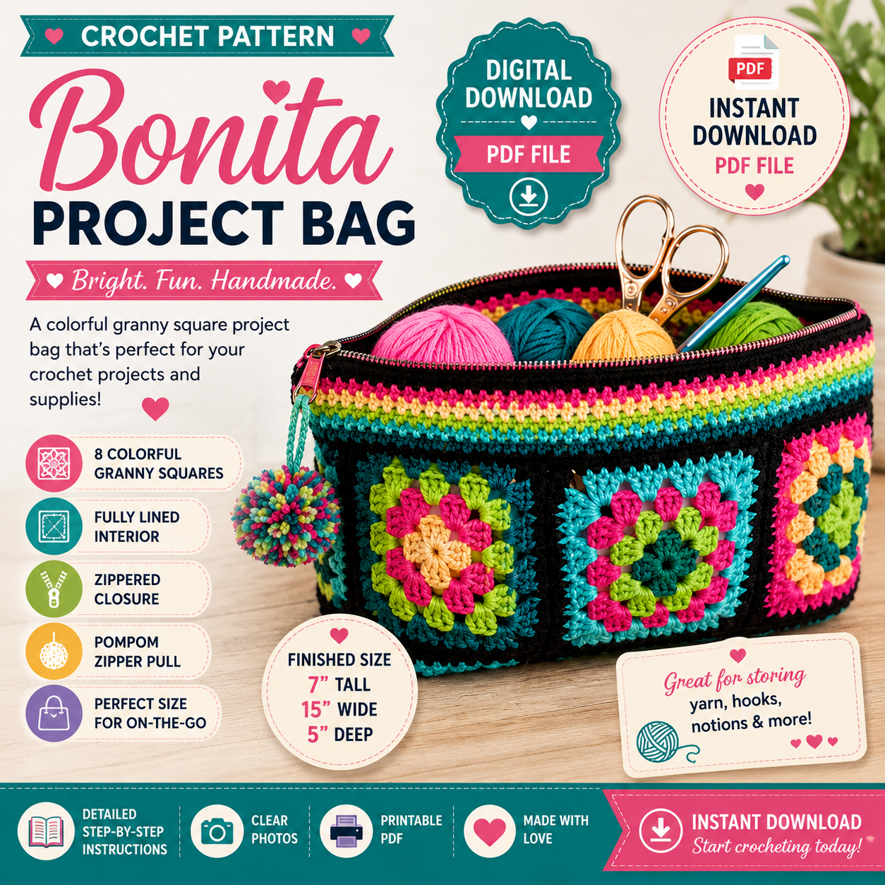 Bonita Project Bag Crochet Pattern (Instant Digital Download)